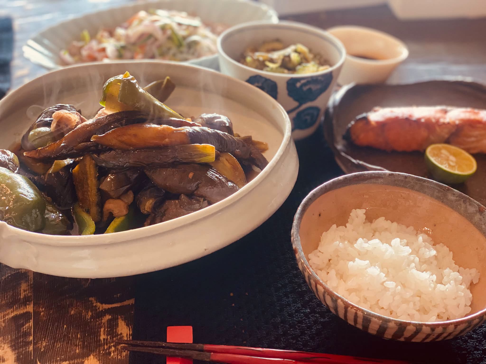茄子とピーマンとゴーヤの煮浸し 塩ジャケ 糠漬け